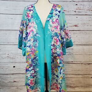 Avenue SS Open Front Chiffon Cardigan Women's 18/20 Teal Floral Lightweight NWT